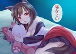  animal_ears blush breasts brooch brown_hair dress fang fingernails imaizumi_kagerou jewelry long_hair long_sleeves looking_at_viewer lying medium_breasts niiya on_side open_mouth red_eyes solo stuffed_animal stuffed_toy stuffed_wolf tail touhou translated wide_sleeves wolf_ears wolf_tail 