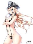  alternate_costume bangs bare_shoulders bikini bismarck_(kantai_collection) black_bikini blonde_hair blue_eyes blush breast_hold breasts cleavage cowboy_shot crossed_arms detached_collar from_side hair_between_eyes hair_over_one_eye hat kantai_collection large_breasts long_hair looking_away navel peaked_cap revealing_clothes serious sidelocks signature slingshot_swimsuit solo standing strap_gap swimsuit twitter_username white_background wide_hips wind yuuki_hb 