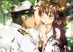  1girl admiral_(kantai_collection) ahoge arm_behind_head armpit_licking bare_shoulders blush brown_hair detached_sleeves hairband hat highres japanese_clothes kantai_collection kongou_(kantai_collection) kuroame_(kurinohana) licking long_hair making_of military military_uniform nontraditional_miko one_eye_closed uniform 