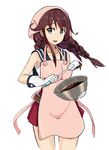  apron atsushi_(aaa-bbb) bangs bowl braid chocolate cowboy_shot gloves green_eyes hair_over_eyes head_scarf holding holding_bowl kantai_collection long_hair miniskirt mixing_bowl noshiro_(kantai_collection) open_mouth pink_apron pleated_skirt school_uniform sidelocks simple_background skirt sleeveless smile solo spatula twin_braids white_background white_gloves 