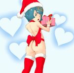  1girl ass blue_eyes blue_hair blush bow bowtie christmas_present creatures_(company) freckles game_freak hairband hat highres holding looking_at_viewer looking_back nintendo pokemon pokemon_(anime) pokemon_sm_(anime) santa_hat short_hair solo suiren_(pokemon) thighhighs tof upper_body 