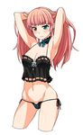  adjusting_hair armpits arms_up blue_eyes breasts bustier cleavage cowboy_shot earrings granado_espada heterochromia highres jewelry medium_breasts navel panties penguin_caee pink_hair red_eyes side-tie_panties solo underwear 