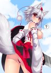  ? absurdres animal_ears ass blush breasts detached_sleeves from_behind hat highres inubashiri_momiji large_breasts looking_at_viewer no_bra panties pantyshot red_eyes red_panties ribbon-trimmed_sleeves ribbon_trim shield short_hair sideboob silver_hair solo spoken_question_mark sword tail thong tokin_hat touhou underboob underwear weapon wolf_ears wolf_tail wolflong 