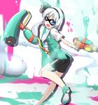  ass bike_shorts blue_eyes bow cosplay domino_mask dual_wielding evandragon green_shirt hair_bow holding ink inkling inkling_(cosplay) konpaku_youmu konpaku_youmu_(ghost) mask parody shirt silver_hair solo splat_roller_(splatoon) splatoon_(series) splatoon_1 splattershot_(splatoon) touhou water_gun 