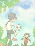  ball blue_hair brothers cloud day dutch_angle inazuma_eleven_(series) inazuma_eleven_go male_focus multiple_boys open_mouth outdoors running siblings sky soccer_ball telstar ticktack_chicken tree tsurugi_kyousuke tsurugi_yuuichi 