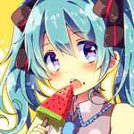  aqua_hair blue_eyes blush eating food food_on_face hair_ribbon hatsune_miku heart heart-shaped_pupils necktie open_mouth popsicle ribbon solo symbol-shaped_pupils twintails urara_(sumairuclover) vocaloid watermelon_bar 