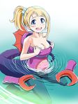  :d bare_shoulders blonde_hair blue_eyes blush breasts claws cleavage costume gloves gloves_removed highres looking_at_viewer medium_breasts open_mouth pantyhose partially_submerged ponytail poses_oii_(robot_girls_z) robot_girls_z scrunchie smile solo swimming water wet zouni_(xavier) 