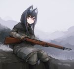  animal_ears arisaka bee_(deadflow) black_hair bolt_action boots brown_eyes buttons capelet coat commentary fog gloves grass gun long_hair looking_at_viewer mountain open_mouth original outdoors pants rifle short_eyebrows sitting solo tail type_99_short_rifle uniform weapon 