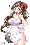  apron bare_shoulders breasts brown_hair cleavage hair_ornament hair_ribbon hairclip impossible_clothes kantai_collection kappougi large_breasts long_hair mamiya_(kantai_collection) naked_apron open_mouth outstretched_hand ponytail ribbon solo yellow_eyes yuuki_hb 