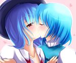  blue_hair blush hat hinanawi_tenshi kiss long_hair multiple_girls red_eyes sakura_ani short_hair tatara_kogasa touhou yuri 