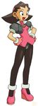  brown_legwear cropped_jacket crotch_plate earrings full_body green_eyes hair_pulled_back hairband hands_on_hips ishikawa_hideki jacket jewelry leggings official_art open_clothes open_jacket open_mouth pantyhose puffy_sleeves rockman rockman_dash short_sleeves simple_background solo standing tron_bonne watermark white_background 