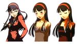  amagi_yukiko aran_sweater bikini black_eyes black_hair blush cardigan character_sheet dress embarrassed glasses long_hair looking_down official_art open_mouth persona persona_4 soejima_shigenori sweater swimsuit 