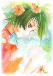  artist_request choker farah_oersted flower green_hair hair_flower hair_ornament red_choker short_hair smile solo tales_of_(series) tales_of_eternia yellow_eyes 