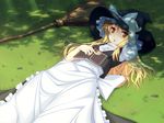  :o apron blonde_hair book broom dappled_sunlight grass hand_on_headwear hat ihara_asta kirisame_marisa light_rays long_hair lying on_back shade solo sunbeam sunlight touhou tree_shade waist_apron wallpaper witch_hat yellow_eyes 