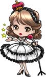  1girl brown_eyes brown_hair chibi copyright_request crown dress full_body hairband itto_maru lipstick lolita_fashion lowres makeup microphone microphone_stand short_hair solo standing transparent_background 