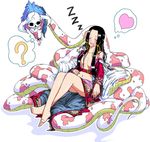  ? barefoot black_hair blush boa_hancock cape closed_eyes crossed_legs dreaming drooling earrings feet heart jewelry long_hair luceva midriff off_shoulder one_piece open_mouth saliva salome_(one_piece) sitting skull sleeping snake 