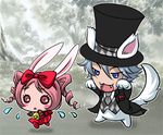  1girl animal_ears apron big_bad_wolf_(grimm) blue_eyes blush bunny_ears candy chibi curly_hair eating fangs food gloves gothic_lolita gothika grey_hair grimm's_fairy_tales hat itto_maru laughing little_red_riding_hood little_red_riding_hood_(grimm) lolita_fashion lollipop lowres necktie pink_hair red_eyes ribbon tail thighhighs tuxedo 