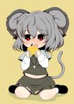  animal_ears belly cheese eating food grey_hair jewelry mouse_ears mouse_tail nazrin omiya_(louise-louis-lucille) pendant plump red_eyes short_hair solo tail touhou 