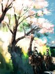  1girl amanohana cherry_blossoms highres horse horseback_riding japanese_clothes landscape light nature pixiv_sengoku_jidai riding scenery 