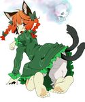  all_fours animal_ears bad_id bad_pixiv_id barefoot bloomers bow braid cat_ears cat_tail feet hair_bow hair_ribbon kaenbyou_rin looking_back oguro_(moyashi_2-hon) paw_pose ribbon skull soles solo tail touhou twin_braids twintails underwear 