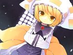  adapted_costume blonde_hair fox_tail fuyuno_mikan hands_in_opposite_sleeves hat multiple_tails short_hair solo tail touhou yakumo_ran yellow_eyes 