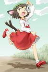  animal_ears ascot black_hair blush_stickers brown_eyes cat_ears cat_tail chen child cloud dangling_over_mouth day dress eating fangs fish frills grass hat loafers looking_at_viewer multiple_tails ohyo open_mouth outdoors path red_dress red_footwear road running shadow shoes short_hair sky socks solo tail touhou white_legwear 