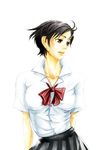  artist_request black_hair blood+ bow brown_eyes otonashi_saya school_uniform shirt short_hair skirt solo white_shirt 