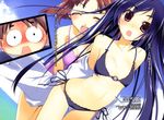  2girls :o accel_world arita_haruyuki bikini black_bikini black_hair blush brown_hair closed_eyes highres hima kuroyukihime leaning_forward long_hair looking_at_viewer multiple_girls navel novel_illustration open_mouth red_eyes red_hair short_hair side-tie_bikini swimsuit thigh_gap wakamiya_megumi 