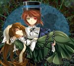  brown_hair carrying closed_eyes dress frills hat heterochromia mtyy multiple_girls princess_carry ribbon rozen_maiden short_hair siblings sisters souseiseki suiseiseki twins 