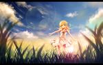  blonde_hair dress field green_eyes lens_flare original sky solo vienri 