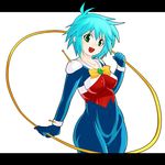  allenby_beardsley blue_bodysuit blue_hair bodysuit bow breasts g_gundam gundam highres hoop hula_hoop medium_breasts mobile_trace_suit multicolored multicolored_bodysuit multicolored_clothes red_bodysuit short_hair solo vallerg yellow_bow 