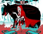  1girl alucard alucard_(hellsing) big_bad_wolf big_bad_wolf_(grimm) blonde_hair boots cape cigar collar glasses hellsing hood integra_hellsing little_red_riding_hood monster red_cape red_shoes sitting smoke solid&amp;etc thigh-highs thighhighs tongue wolf 