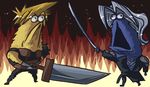  armor blonde_hair buster_sword cloud_strife crossover final_fantasy final_fantasy_vii fire fusion katana male_focus masamune no_humans open_mouth parody sephiroth sesame_street sword vintagelyconstructed weapon what yip-yip_alien 