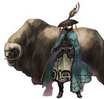  amanohana animal boots cloak fantasy hat highres male_focus original solo staff water_buffalo 