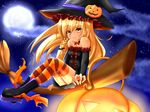  bad_id bad_pixiv_id bare_shoulders blonde_hair broom child detached_sleeves food_themed_hair_ornament hair_ornament halloween hat jack-o'-lantern kamo_(yokaze) kirisame_marisa moon pumpkin pumpkin_hair_ornament solo striped striped_legwear thighhighs touhou witch_hat yellow_eyes 