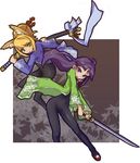  7th_dragon 7th_dragon_(series) animal_ears blonde_hair blue_eyes bodysuit fox_ears green_eyes holding holding_sword holding_weapon left-handed long_hair multiple_girls namuna_(7th_dragon) purple_hair ran_(7th_dragon) samurai_(7th_dragon) sasamashin sheath skin_tight sword two-handed unsheathing weapon 