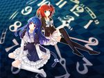  blue_eyes blue_hair frederica_bernkastel hair_bobbles hair_ornament multiple_girls purple_eyes red_hair sitting thighhighs umineko_no_naku_koro_ni ushiromiya_ange vienri 