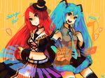  1girl aqua_hair bad_id bad_pixiv_id boots choker crossover dress gothic_lolita green_eyes hashibiro hat hatsune_miku headphones headset lolita_fashion long_hair nail_polish namine_ritsu navel necktie otoko_no_ko red_hair tattoo thighhighs twintails utau veil very_long_hair vocaloid 