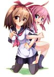  blue_eyes brown_hair copyright_request hair_ribbon highres multiple_girls ooyama_kina pink_hair purple_eyes ribbon school_uniform serafuku thighhighs 