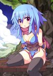  blue_hair ninja ninja_(ragnarok_online) no_panties ooyama_kina purple_eyes ragnarok_online sitting solo thighhighs 