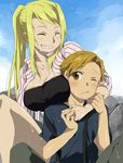 1girl alphonse_elric blonde_hair breast_press breasts embarrassed fullmetal_alchemist grin hug kl large_breasts long_hair ponytail smile wet wince winry_rockbell 