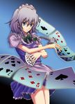  ace_of_spades bad_id bad_pixiv_id bird blue_eyes braid card floating_card hairband holding holding_card izayoi_sakuya maid playing_card pokimari short_hair silver_hair solo touhou twin_braids 