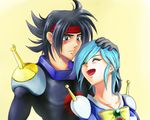  1girl allenby_beardsley b-saku blue_hair bodysuit bow closed_eyes couple domon_kasshu g_gundam gundam happy hetero laughing mobile_trace_suit petting short_hair yellow_bow 