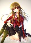  brown_hair mammon necktie pink_neckwear red_eyes sitting solo stakes_of_purgatory thighhighs umineko_no_naku_koro_ni vienri 