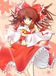  bow brown_hair detached_sleeves hakurei_reimu highres midriff navel red_eyes short_hair solo touhou yuzin 