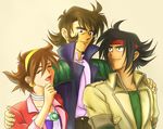  2boys b-saku brothers closed_eyes domon_kasshu g_gundam gundam kyouji_kasshu laughing multiple_boys rain_mikamura siblings 