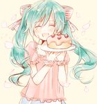  aqua_hair bangs bow cake casual closed_eyes food fruit hair_bow happy hatsune_miku icing long_hair open_mouth pastry petals plate solo star strawberry striped twintails vocaloid wrist_cuffs yoshioka_mitsuko 