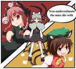  :&lt; :3 :d aho animal_ears basket blonde_hair braid brown_eyes brown_hair cat cat_ears cat_tail chen dowsing_rod earrings engrish fang fangs grey_hair hair_ribbon hat highres jewelry kaenbyou_rin mouse mouse_ears mouse_tail multiple_girls multiple_tails nazrin open_mouth pendant ranguage red_eyes red_hair ribbon short_hair smile tail touhou twin_braids twintails what 