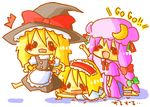  alice_margatroid apron bad_id bad_pixiv_id barefoot blonde_hair blush bow braid chibi dress hair_bow hair_ribbon hairband hat kirisame_marisa lying moko_(iiioookkkaaa) moon multiple_girls on_stomach patchouli_knowledge pink_hair ribbon sitting touhou witch witch_hat 