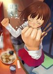  bad_id bad_pixiv_id blush broken broken_chopsticks brown_hair chopsticks clenched_hands closed_eyes eating food food_in_mouth foreshortening hands noodles nori_(seaweed) original pantyhose ramen short_hair sitting skirt solo steam tears tsuda_souichirou 